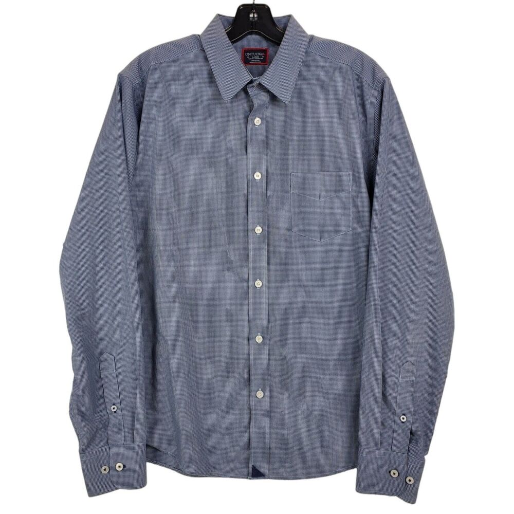 UNTUCKIT Shirt Mens Large Blue Pin Check Plaid Slim Fit Button Up Metro Preppy